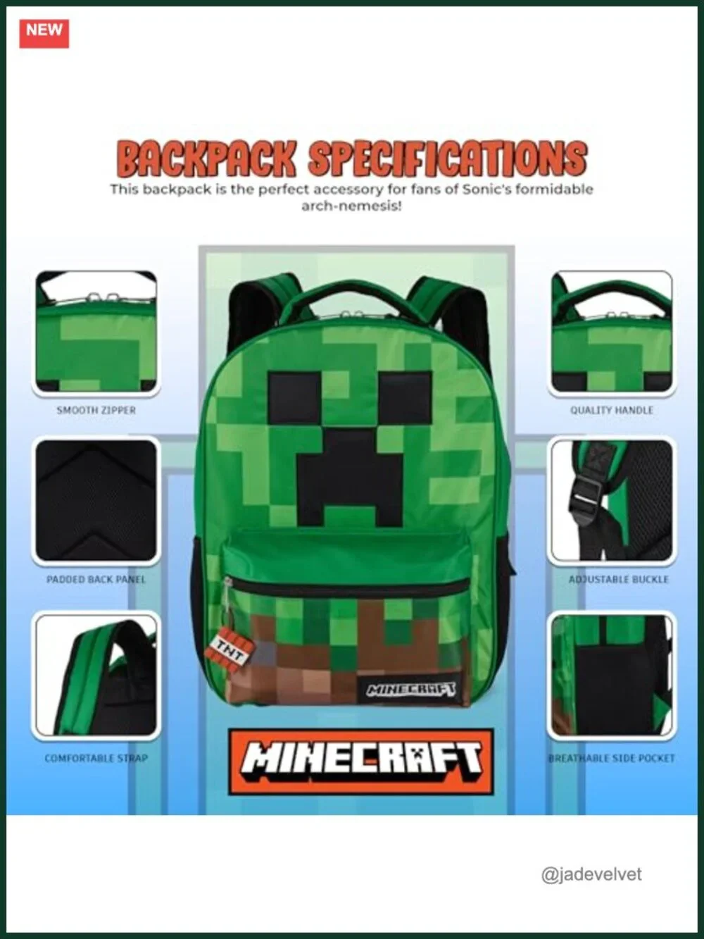 Minecraft Creeper Backpack for Kids, Polyester School Bag with Laptop Pocket,